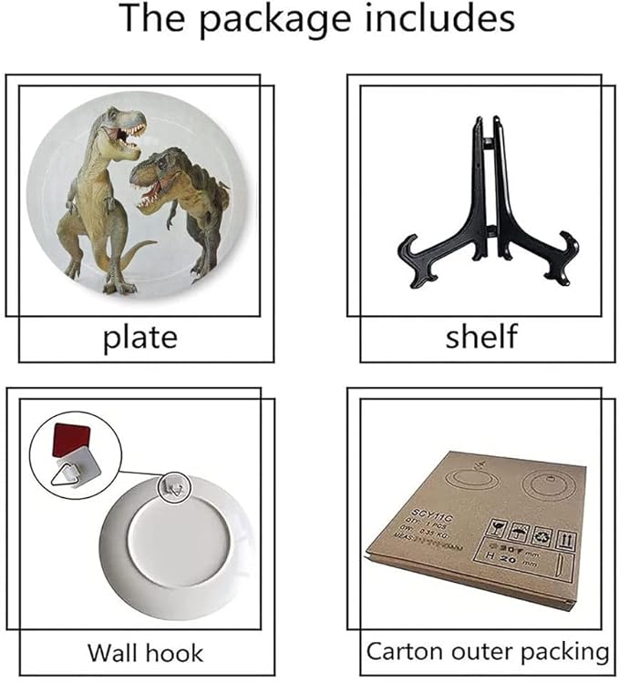 Ceramic Display Plate, Dinosaur Ceramic Hanging Decorative Plate, Tyrannosaurus Rex Pair Facing Off Ferocious Creatures, 7 Inch, Living Room Kitchen Decoration Household, Ivory Brown Grey
