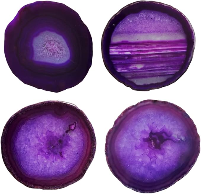 Crystal Cup Mats for Drinks Agate Geode Coaster Set of 4 with Rubber Bumpers 3-4'' Purple Sliced Cup Coaster for Family Bar Party Home Decoration Gift