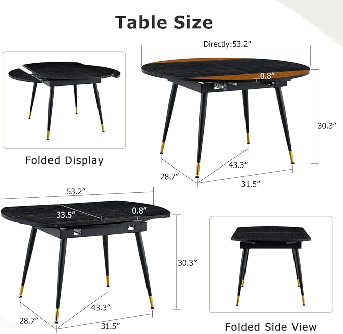 Extendable Dining Room Table｜53” Round Dining Table for 4-6｜Black Wooden Tabletop with Metal Legs｜Stable and Sturdy｜Easy Transform｜Easy Assembly｜Space Saving｜for Kitchen, Living Room