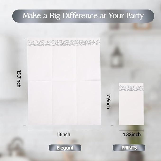 Vplus 400 Pack Paper Napkins Guest Towels Disposable Premium Quality 3-ply Dinner Napkins Disposable Soft, Absorbent, Perfect for Kitchen, Wedding, Parties, Dinners or Events(Silver)