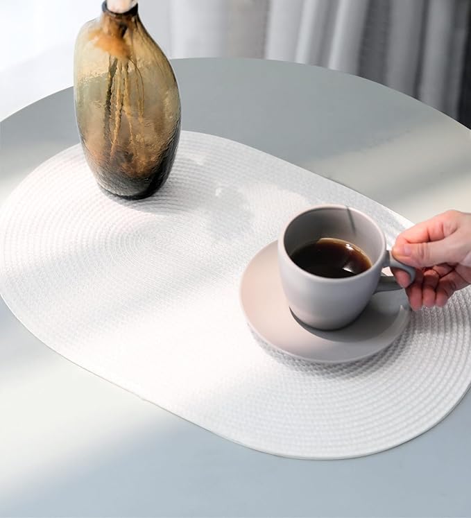 FunWheat Oval Braided Placemats Set of 8 Table Mats for Dining Tables Washable Heat Resistant Place Mats for Indoor Outdoor Use 12 x18 Inch(Oval White, 8pcs)