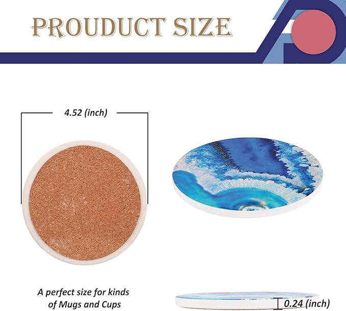 4-Piece Round Absorbent Ceramic Coaster Set with Cork Base – Durable Drink Coasters for Mugs, Cups, and Tabletop Protection (Azulejos)