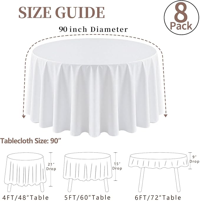 8 Pack Round Tablecloth 90 Inch White Table Cloth for Round Tables, Washable Polyester Tablecloth Stain and Wrinkle Resistant Decorative Table Cloth for Wedding Party Dining Banquet
