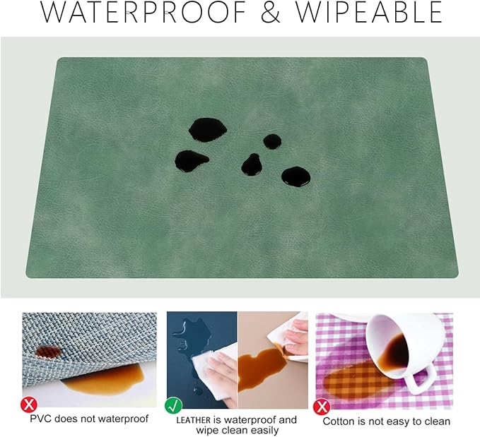 Faux Leather Reusable Table mats Set of 6,Waterproof&Stain-Resistant Place Mats,Heat-Resistant&Non-Slip Placemats for Indoor Outdoor Patio Table Kitchen and Kids,12''x17(Avocado Green)