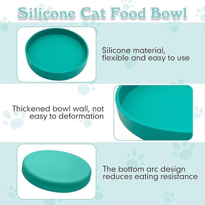 Silicone Cat Food Bowl Shallow Dishes 5.9in Wide Cats Bowls Set of 2 Kitty Plates Relief Whisker Fatigue Puppy Feeding Bowl for Dry Food and Wet Food Indoor (Round Green)