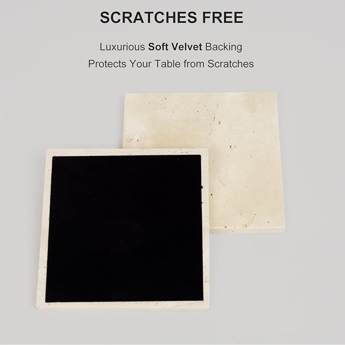 Square Travertine Coasters Set of 6, Porous Natural Stone Absorbent Coaster with Velvet Backing for Table Protection, Rustic Beige Marble Coasters for Home Table Decor, 4 Inches