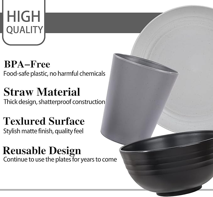 LIYH 16 Pcs Plastic Wheat Straw Dinnerware Sets for 4 - Plates and Bowls Sets Reusable Tableware Dish Set for 4 Include Wheat Straw Plates Bowls Cups Microwave Dishwasher Safe