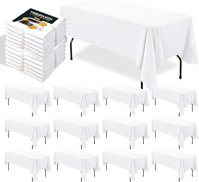 BIGTONE 12 Pack White Rectangle Tablecloth 60 x 102 Inch, Cross Ribbon Packing Reusable Table Clothes for 6 Foot Tables, Wrinkle Resistant Polyester Fabric Table Cover for Wedding, Party, Banquet