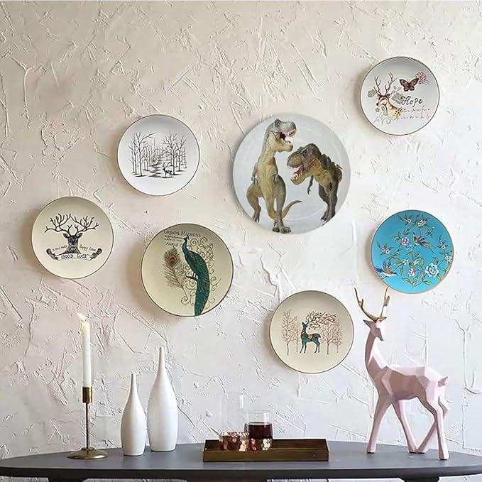 Decorative Plates, Dinosaur Print Ornament, Tyrannosaurus Rex Pair Facing Off Ferocious Creatures, 8 Inch, Kitchen Wall Decor, Ivory Brown Grey