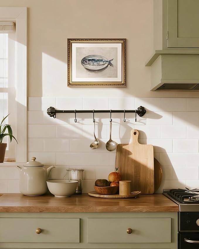 InSimSea Gold Framed Wall Art, Kitchen Dining Room Vintage Sardine on the Plate Wall Decor, Still Life Canvas Print Art, Home Farmhouse Decor, Antique Paintings with Picture Frame 13x16inch