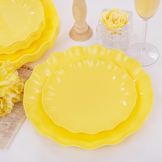 LIYH 24 Pcs Yellow Plastic Plates Reusable, Unbreakable Dinner & Salad Plate, Microwave & Dishwasher Safe, Scalloped Reusable Plastic Plates for Party, Birthday, Picnics (12Guests)