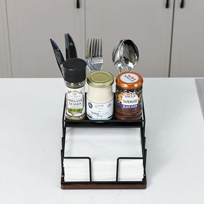 Napkin Holder for Table, Countertop Organizer - Flatware Holder for Forks, Spoons, Knives, Napkin Dispenser and Salt and Pepper Shakers Storage, Kitchen Cutlery Caddy for Dining Table, Buffet, Camping