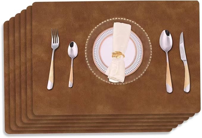 Faux Leather Place mats with Rounded Corners for Dining Table Set of 6,Waterproof&Heat-Resistant Table Mats,Washable&Non-Slip for Indoor&Outdoor-12" x17''-Brown