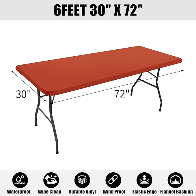 Smiry Rectangle Tablecloth, Elastic Fitted Flannel Backed Vinyl Tablecloths for 6ft Folding Tables, Waterproof Wipeable Table Covers for Indoor, Outdoor, Picnic and Camping (Rust, 30"x72")