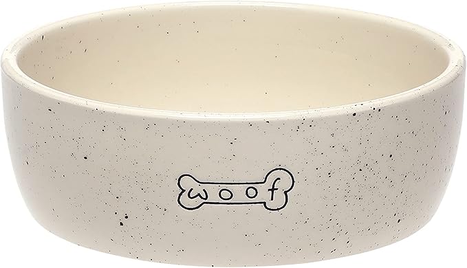 Pearhead Ceramic Pet Bowl 3-Cup Capacity Durable Speckled Dish with Woof Graphic Food Water Feeder for Small Medium Dogs