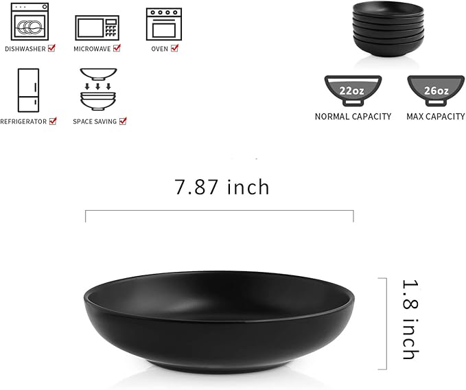 Selamica Ceramic 7.8 inch pasta bowls, 26 Ounce large serving porcelain salad soup bowls, dishwasher microwave safe, set of 6 (Black)