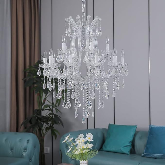 Modern Chrome Chandelier Light Fixture - Luxury Maria Theresa Crystal Chandeliers for Dining Room, Kitchen Island, Living Room, Bedroom, 15 Lights, 2 Layers