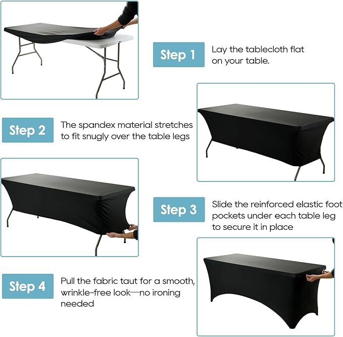 VidaFete Spandex Tablecloth 4FT, Fitted Stretch Table Cover for Rectangle Tables, Wrinkle Resistant and Washable Tablecloths for Outdoor, Picnic, Party, Wedding, Banquet, Birthday, Black