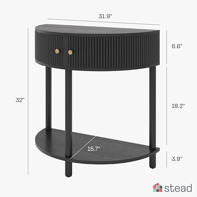 Entryway Table Fluted Half Moon Console - Semicircular, Black Oak Veneer - Hidden Storage with Two Fluted Doors & Brass Knobs - Modern Narrow Console Table for Living Room & Hallway