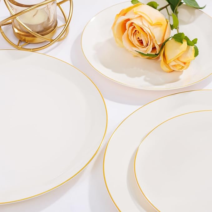 Nervure 100Pcs Ivory and Gold Plastic Plates - 7.5inch Disposable Ivory Dessert/Salad Plates - Heavy Duty Plastic Plate Ideal for Wedding & Party