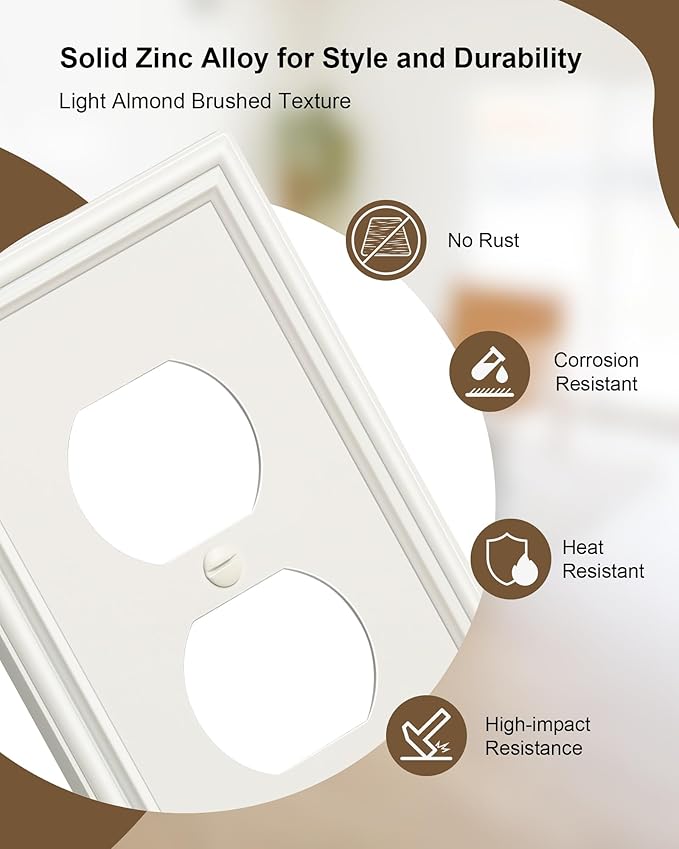 6-Pack Duplex Outlet Cover, Durable Solid Zinc Alloy Decorative Switch Plates and Outlet Covers, Light Almond Wall Plates for Electrical Outlets, 1 Gang Receptacle Cover, Corrosion Resistant