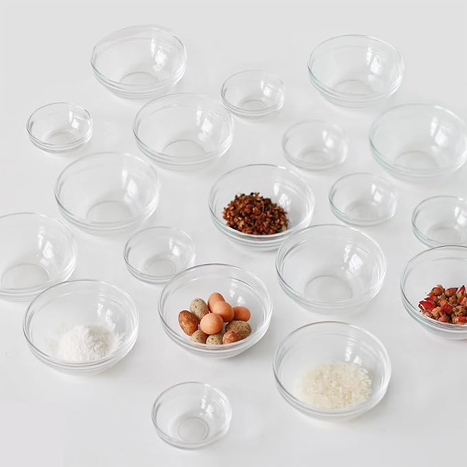 Etolies 20 pack Mini Glass Prep Pinch Bowls,3.5 Inch(4oz) Clear Small Glass Bowls Set of 12 pack and 2.3 Inch(1oz) 8 pack, Serving Bowls Stackable for Kitchen Prep, Dips,Cooking Toppings,Condiments.