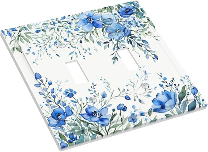 Decorative Light Switch Cover Blue Watercolor Flowers Retro Floral Leaves 2 Gang Wall Plate Double Toggle Switch Plate Receptacle Electrical Outlet Cover Switchplate for Bathroom Bedroom（2 Pack）