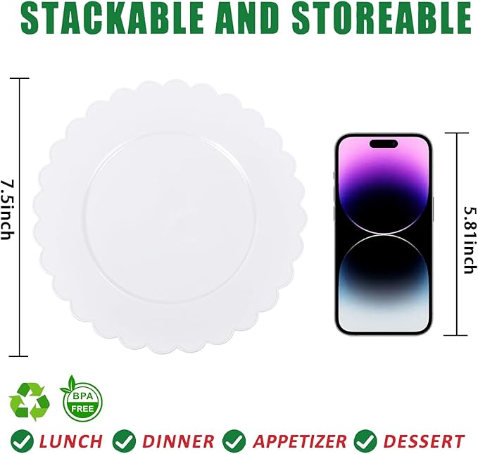 SUT 72Pcs 7.5" White Plastic Plates, Heavy Duty Disposable Plates for Weddings, Parties, Events, Fancy Dessert & Appetizer Plates | Shatterproof Bulk Party Supplies (72 Count)