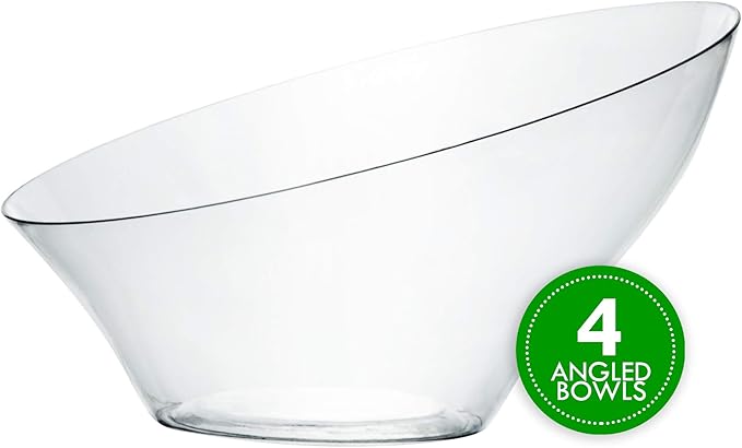 PLASTICPRO Disposable Angled Plastic Bowls Round Large Serving Bowl, Elegant for Party's, Snack, or Salad Bowl, Clear Pack of 4