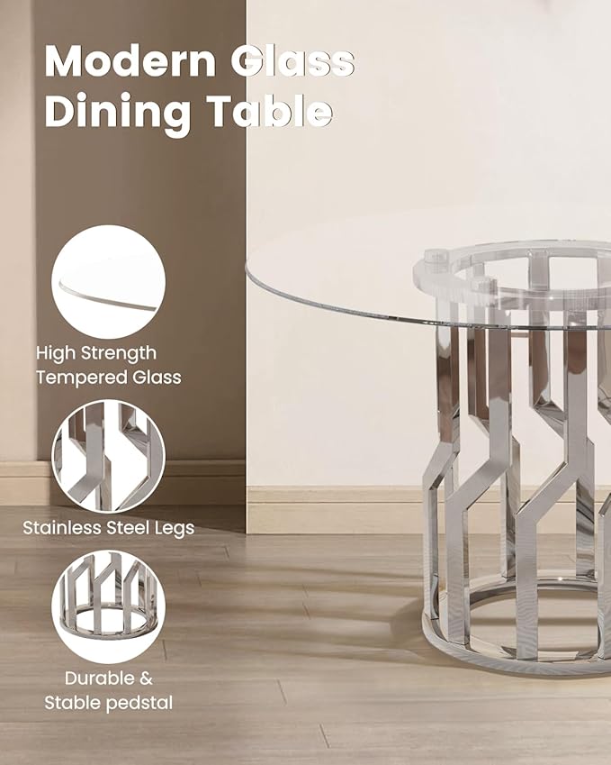 38.9" Round Glass Dining Table Set for 4, Modern 5 Piece Kitchen Table Set with Silver Stainless Steel Base & 4 PU Leather Accent Chairs, Saving Space, Dining Set for Apartment, Home - Black Chair