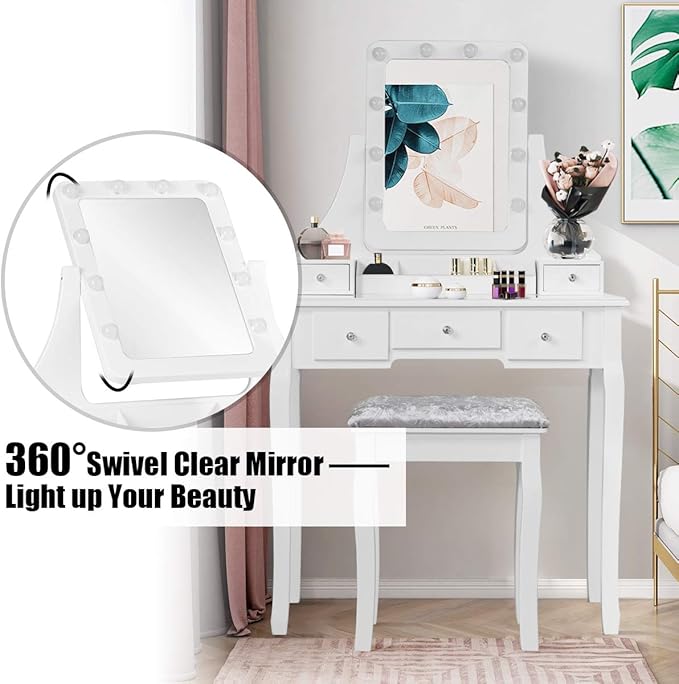 DORTALA Vanity Table Set w/ 360-Degree Rectangular Mirror & Cushioned Stool, Makeup Table w/ 10 LED Dimmable Bulbs, Bedroom Wood Dressing Table w/ 5 Drawers & Removable Box Organizer, White