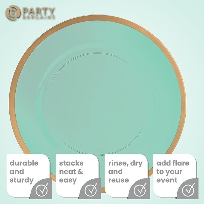 PARTY BARGAINS 13-Inch Charger Plates - 8 Pack, Transparent Green Gold Rim, Heavy-Duty Disposable Chargers for Elegant Dining - Ideal for Weddings and Formal Events