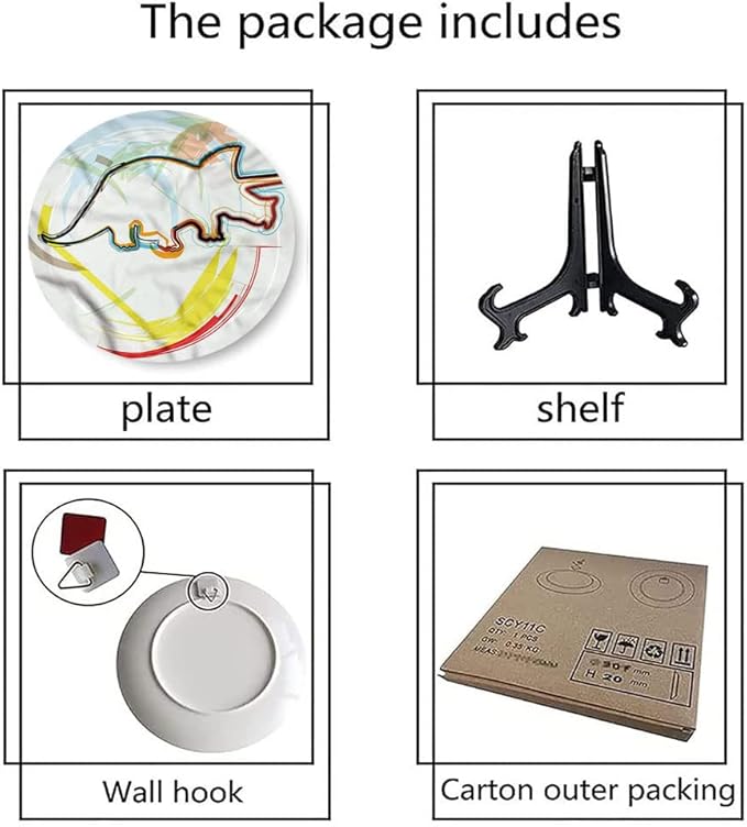 Decorative Plates, Dinosaur Print Ornament, Triceratops Sketch Lines, 10 Inch, 1 Plate with 1 Display Stand, Multicolor