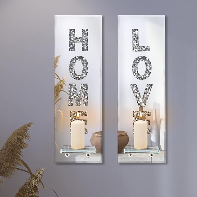 Pibeyer Crystal Crush Diamond Wall Candle Holder Set of 2, Silver Mirrored Candle Sconces Wall Decor, Love & Home Letter Home Decoration for Living Room，Dining Room and Bedroom