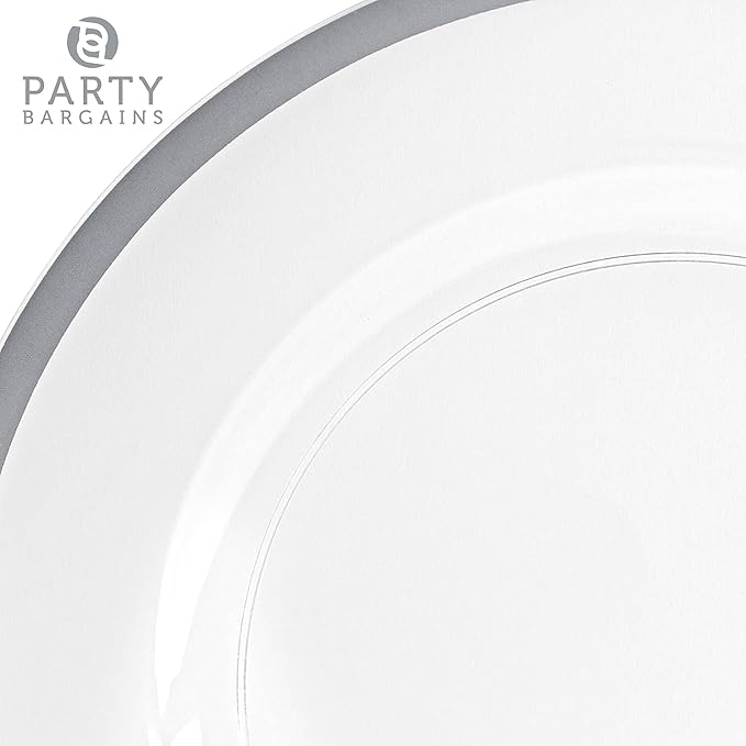 PARTY BARGAINS 13-Inch Charger Plates - 48 Pack, Clear Silver Rim, Heavy-Duty Disposable Chargers for Elegant Dining - Ideal for Weddings and Formal Events