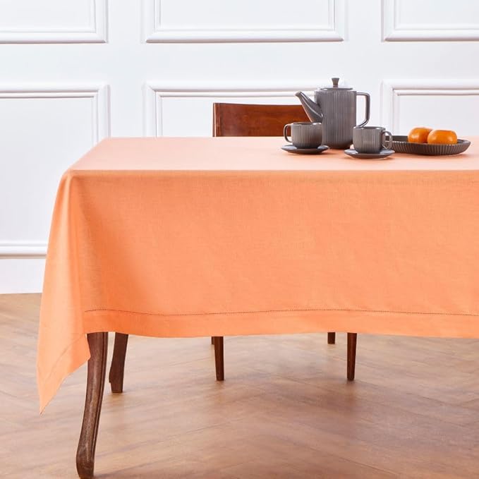 Solino Home Linen Tablecloth 60 x 144 Inch - Classic Hemstitch 100% Pure Linen Coral Table Cloth for Rectangle Tables - Machine Washable Tablecloth for Valentines, Spring, Easter