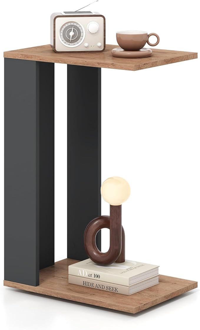 Giantex Rolling C Shaped End Table, 2-Tier Sofa Side Table with Universal Wheels & Storage Shelf, Narrow Nightstand for Small Space, Mobile Snack Couch Tray Table for Living Room & Bedroom
