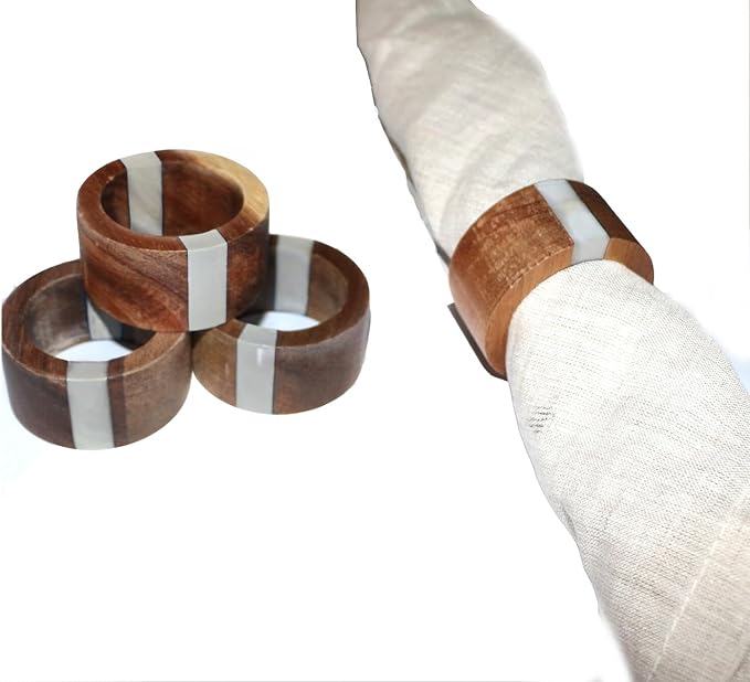 Wooden Napkin Rings Set of 8 for Dinning Table Decor - Acacia Wood Resin Napkin Holde for Cloth Napkin (Round Shape,Ivory Color)