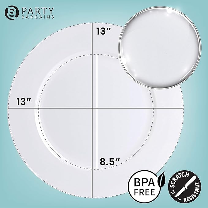 PARTY BARGAINS 13-Inch Charger Plates - 48 Pack, White, Heavy-Duty Disposable Chargers for Elegant Dining - Ideal for Weddings and Formal Events