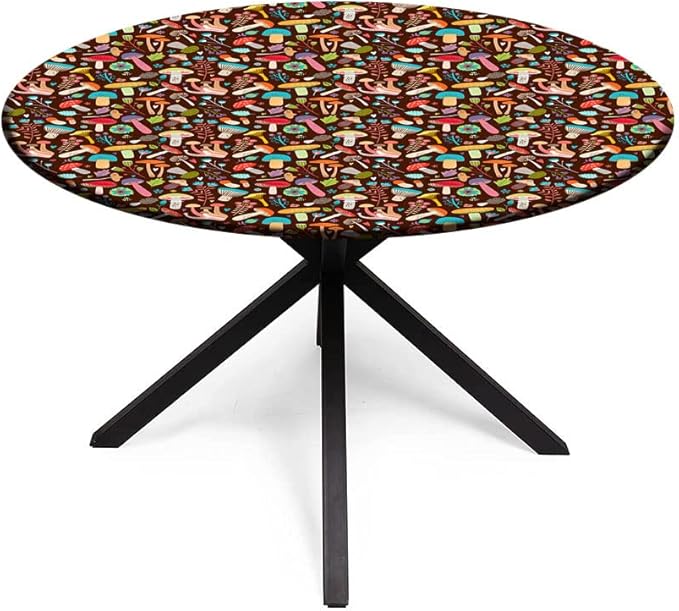 Round Vinyl Fitted Tablecloth, Mushrooms Print Polyester Table Cloth, Attractive Various Cartoon Leaves and Mushrooms Graphic, Holiday Party Home Kitchen Dining Table Decoration
