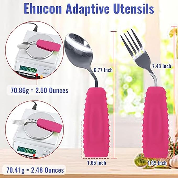 Adaptive Utensils for Hand Tremors,Arthritis and Parkinsons -Weighted Silverware with Non-Slip Handle to Easy Grip,Eating Flatware for Elderly Use (Right Hand 1 pc Fork+1 pc Spoon=2 pcs,Pink)