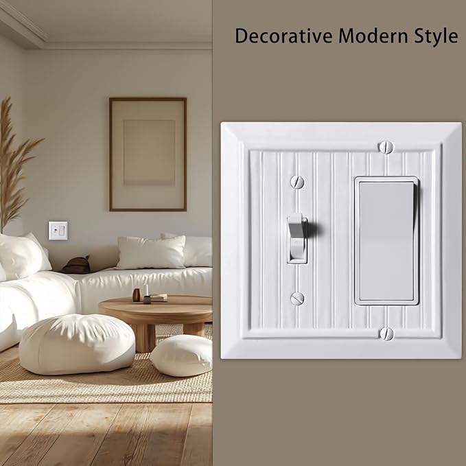 Beadboard Outlet Covers Wall Plates, Bamboo Fiber Light Switch Covers, Natural Material Electric Receptacle Decorative Switch Plate Outlet Cover (Pure White, 2 Gang Toggle/Decorator 2 Pack)