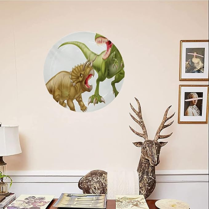 Ceramic Display Plate, Dinosaur Ceramic Hanging Decorative Plate, Rex Versus Triceratops Scaring Each Other, 10 Inch, Living Room Kitchen Decoration Household, Green Pink Pale Brown