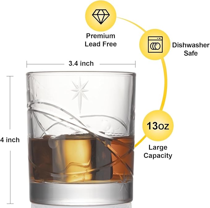 SHOSHIN Premium Hand Cut Whiskey Glasses (13 OZ, Set of 4) - Handmade Double Old Fashioned Scotch Glasses - Gift for Bourbon Lovers - Style Glassware for Rum - Space Pattern set 4