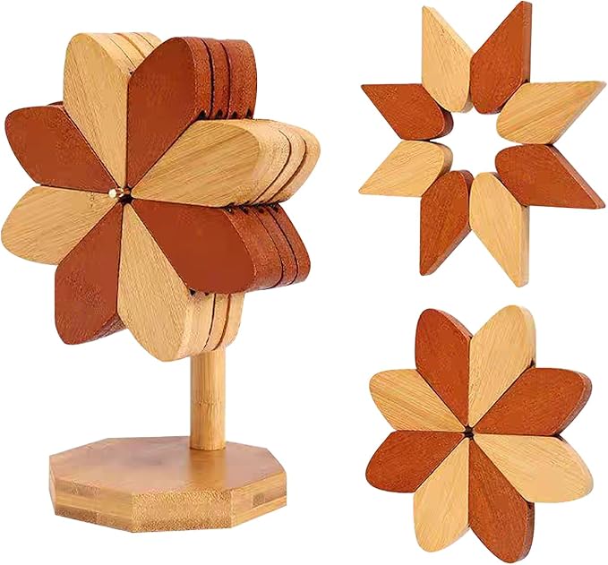 Wooden Tree Coaster, Trivet for hot Dishes, Trivet for hot Pot and Flat Bottomed pan, Wooden Windmill Cup Holder -3 or 4 or 5 Wooden mats+1 Bracket(Windmill placemats 4 pcs)