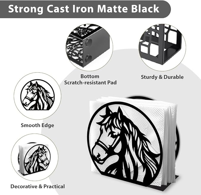 Horse Head Decorative Black Metal Napkin Holder for Table, 4.9" x 4.5" x 1.9" Horse Aniaml Standing Napkin Holder for Home Kitchen Restaurant Picnic Party Coffee Bar Dining Room