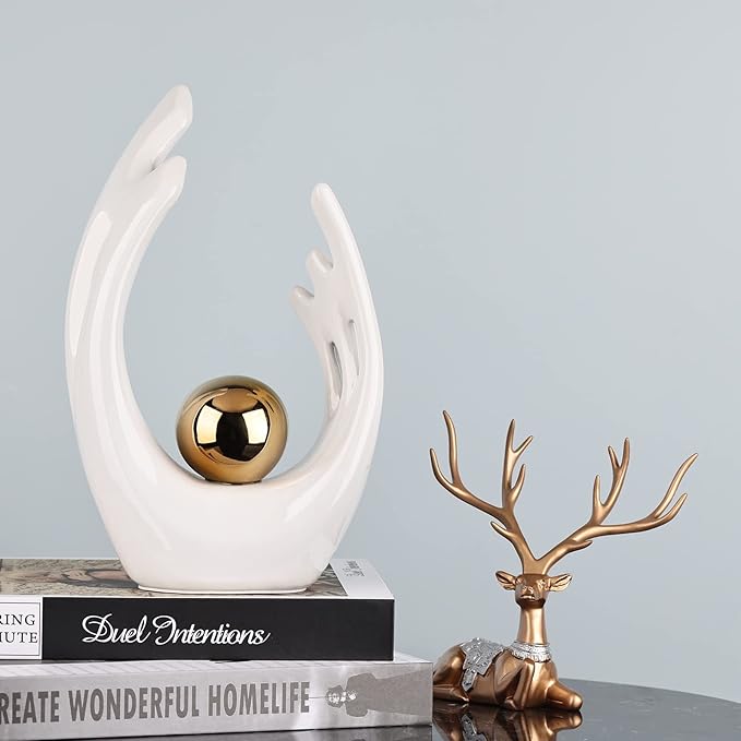 9.5"H White Gold Aesthetic Room Decor Accent, TV Stand Funky Table Centerpiece, Abstract Art Ceramic Statue and Sculpture, White Decor for Living Room, Bookshelf Decorative Objects, Shelf Decor