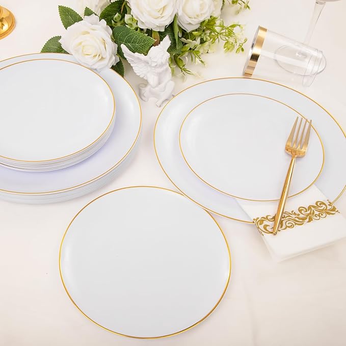 MirthMood 210Pcs Disposable Plastic Plates Set, Gold and White Plastic Party Plates, Includes:30 Dinner Plates, 30 Dessert Dinnerware, 30 Cups, 30 Napkin Cutlery for Spring Wedding,Birthday Party