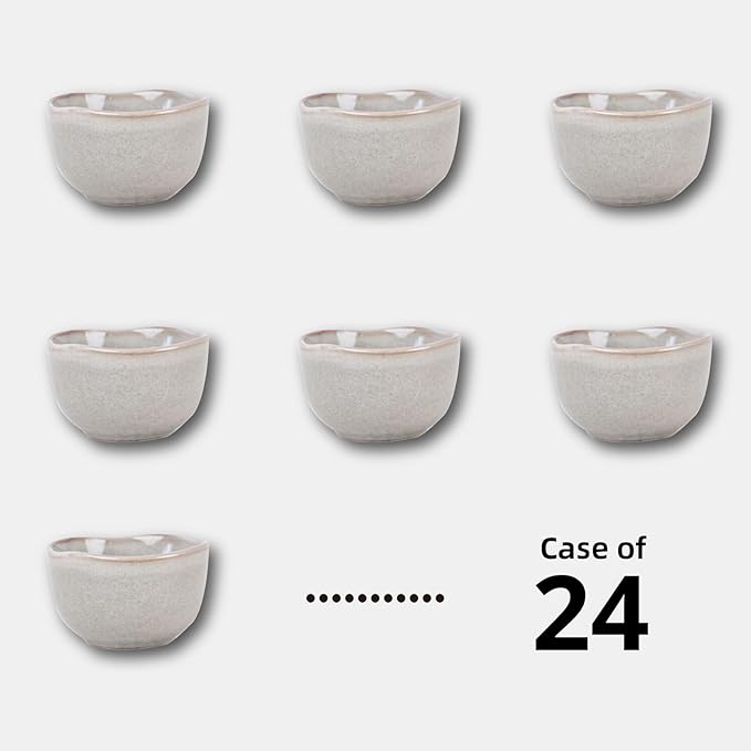 Organic Shape Highland Ceramic Bouillon Cup, 24pcs 9oz Handmade Reactive Glaze Stoneware Dip Bowls with Wavy Edge, for Kitchen, Microwave & Dishwasher Safe, Scratch Resistant-grey