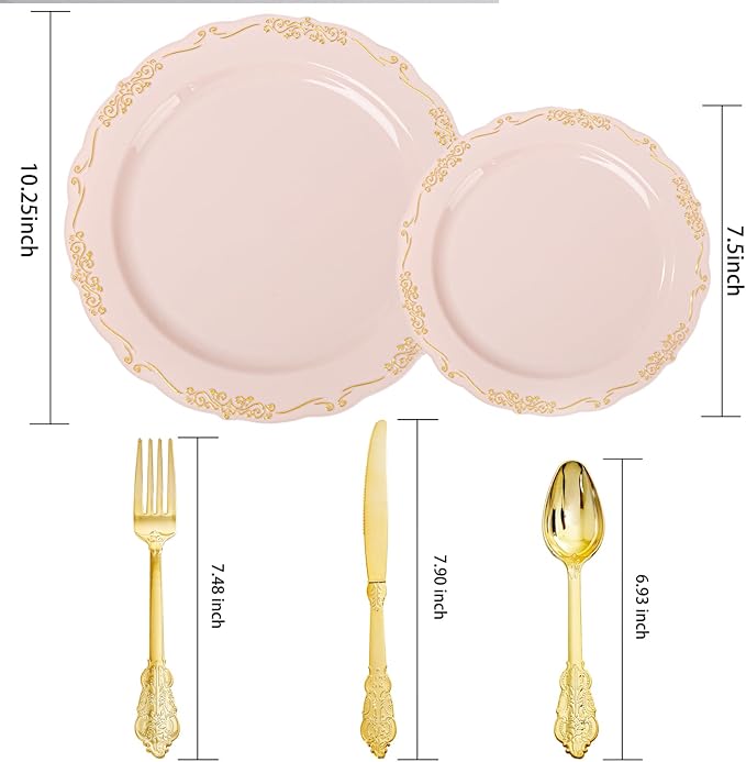 DaYammi 150Pcs Pink Plastic Plates with Gold Rimmed & Gold Silverware,Pink Disposable Plates for Party Include 30 Dinner Plate,30 Dessert Plate,30 Knives,30 Forks,30 Spoons for Valentine's Day Party